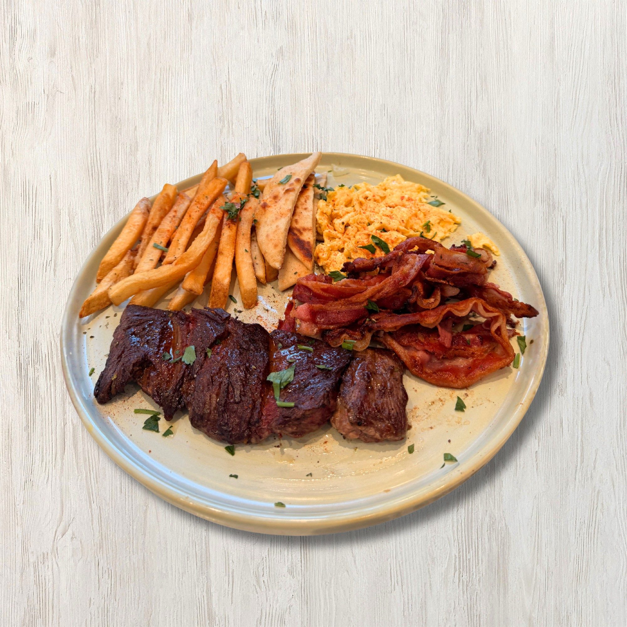 Steak, Bacon & Egg Platter.